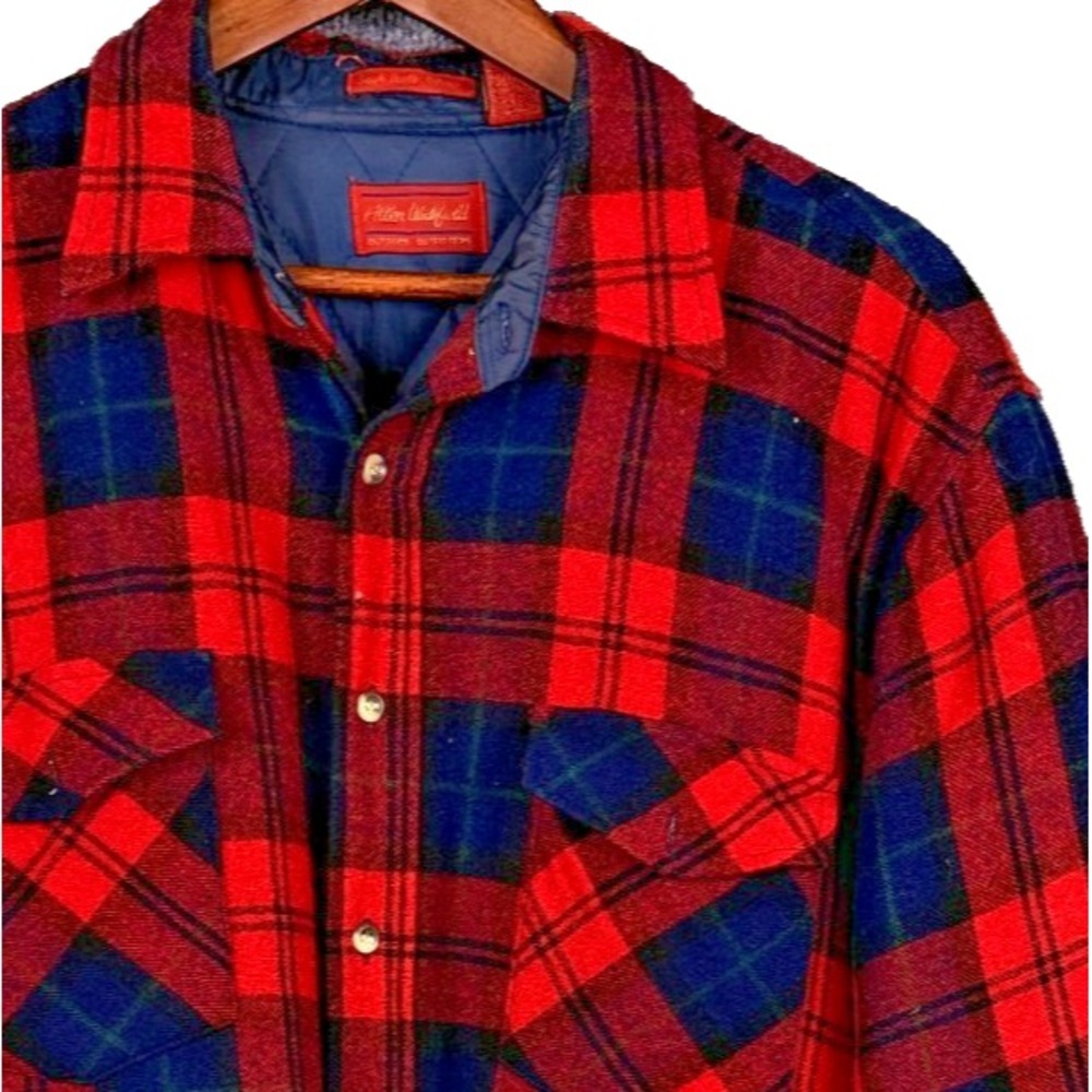 Vintage Allen Wickfield Quilted Lined Flannel Jacket Mens Large Red Plaid USA